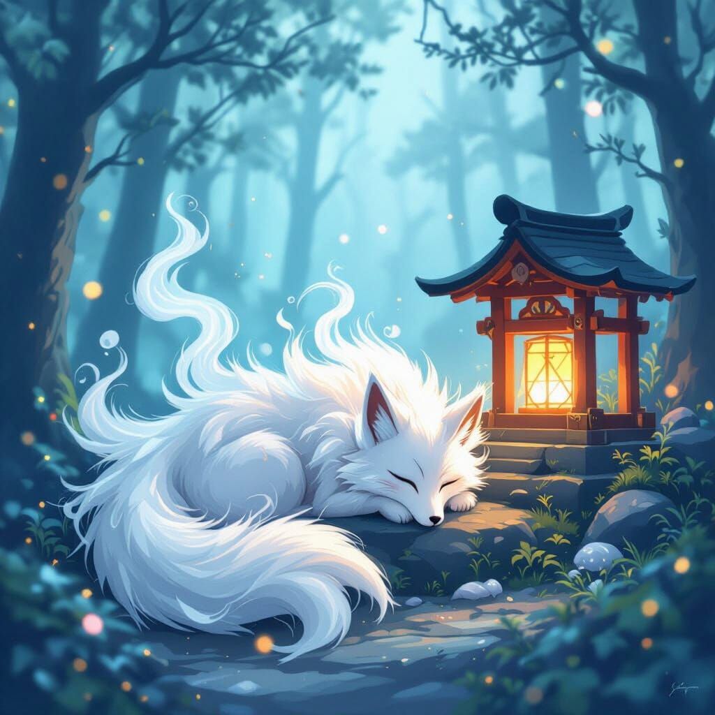 Ethereal Kitsune Sleeping by Forest Shrine