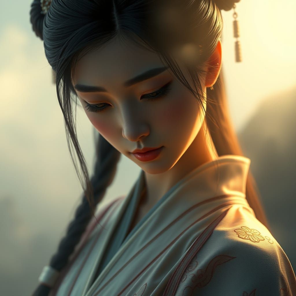 Ethereal Chinese Woman in Whimsical Hanfu Attire