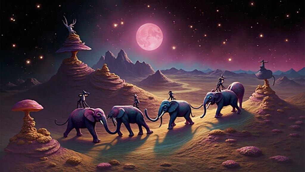 Surreal Elephants March in Cosmic Dreamscape with Shifting C...