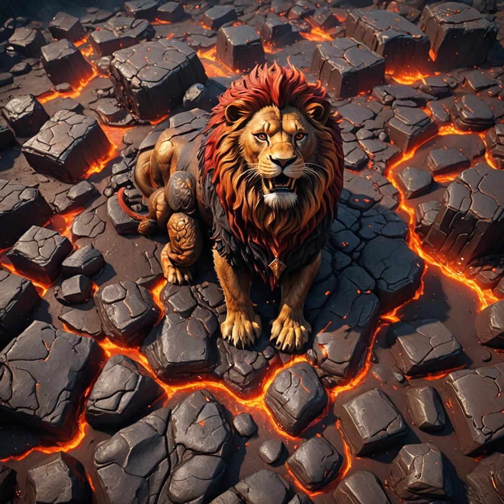 Lion in a Lava Landscape: Detailed Matte Painting