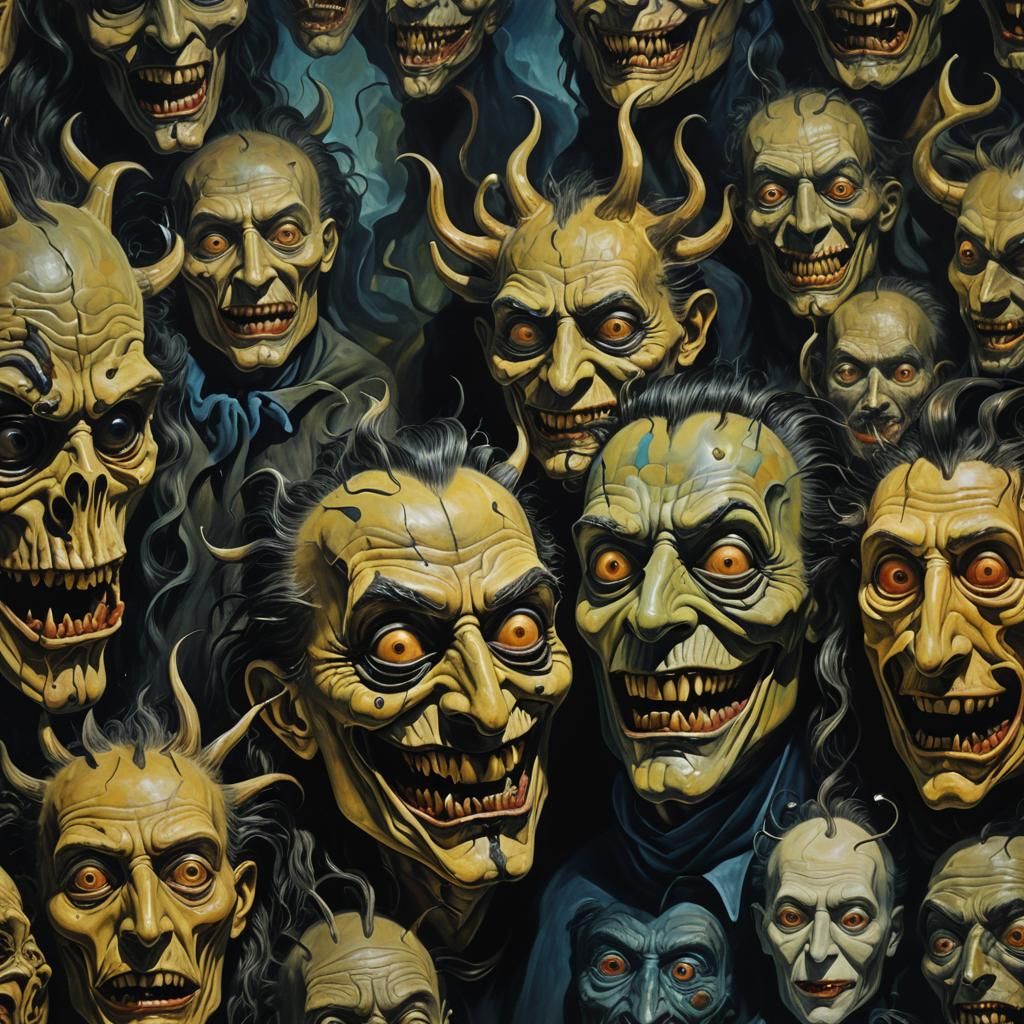Surreal Monster with Masks in Haunting Oil Painting