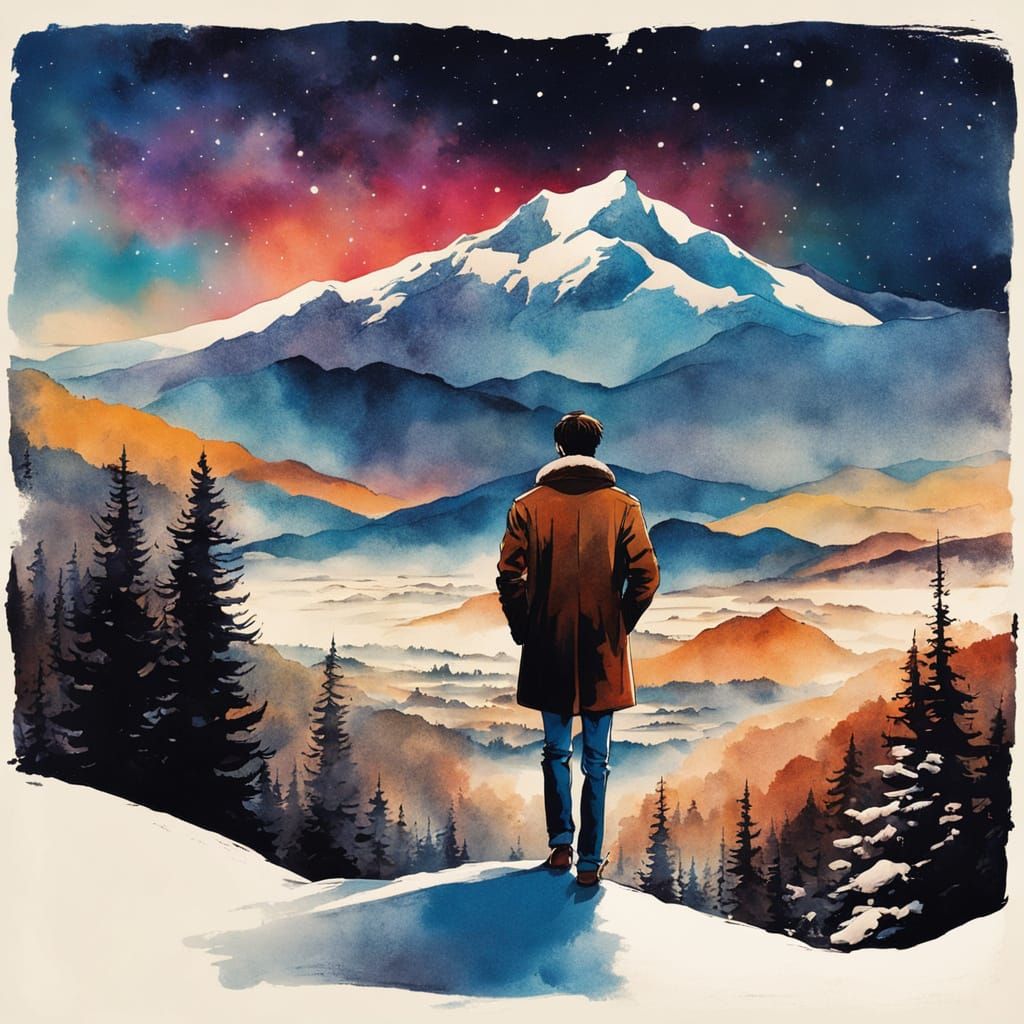 Man Gazing at Snowy Mountains Ink Painting