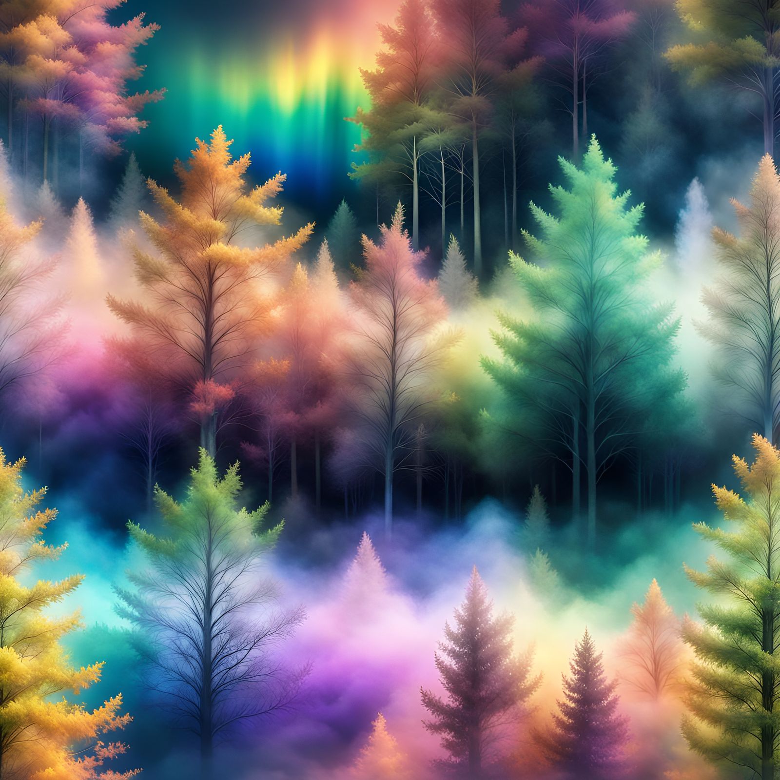 Rainbow Ghost in Misty Forest at Night