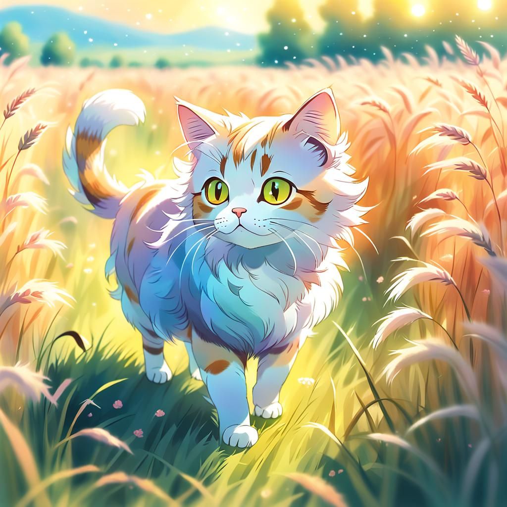 Anime Cat in Field with Pastel Colors