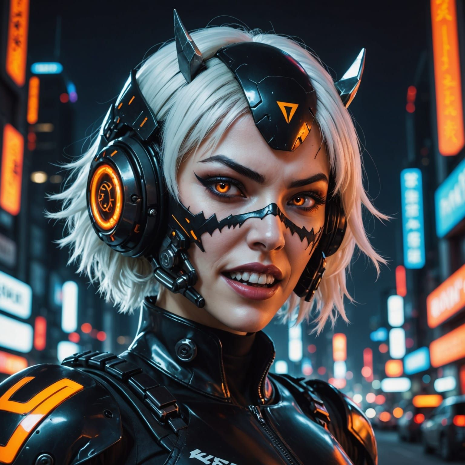 Cyberpunk Goddess Exposes Sharp Teeth in Futuristic Black Le...