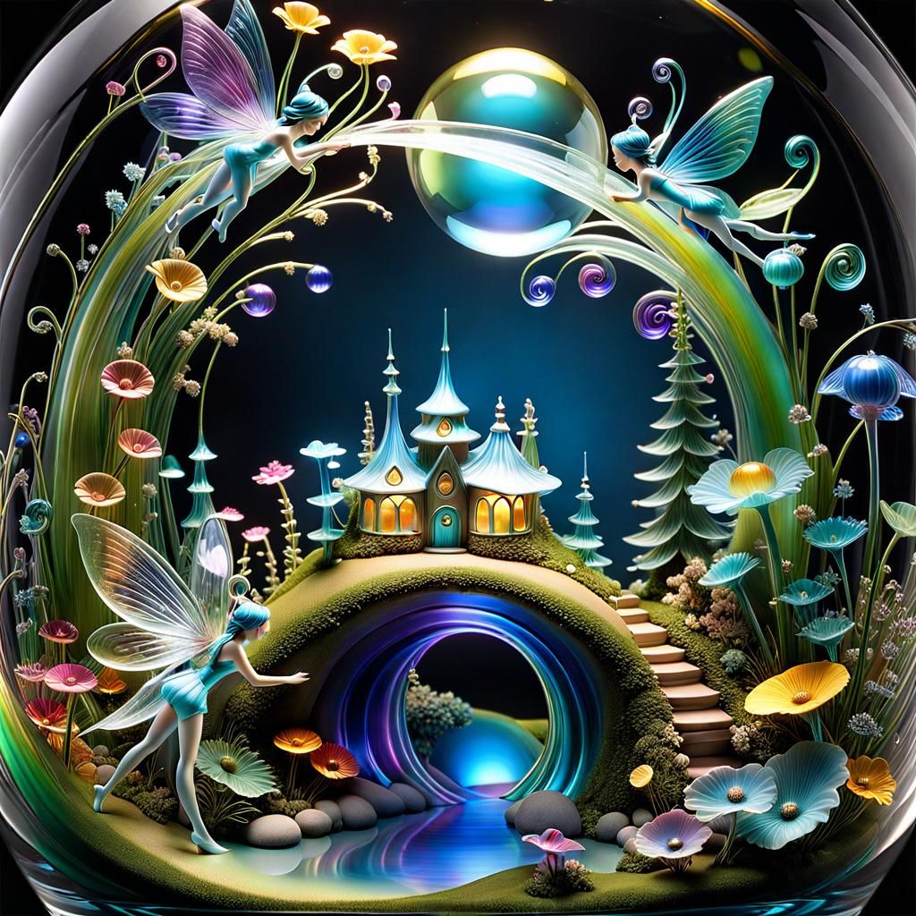 Fairy Village Scene Inside the Glass Sphere