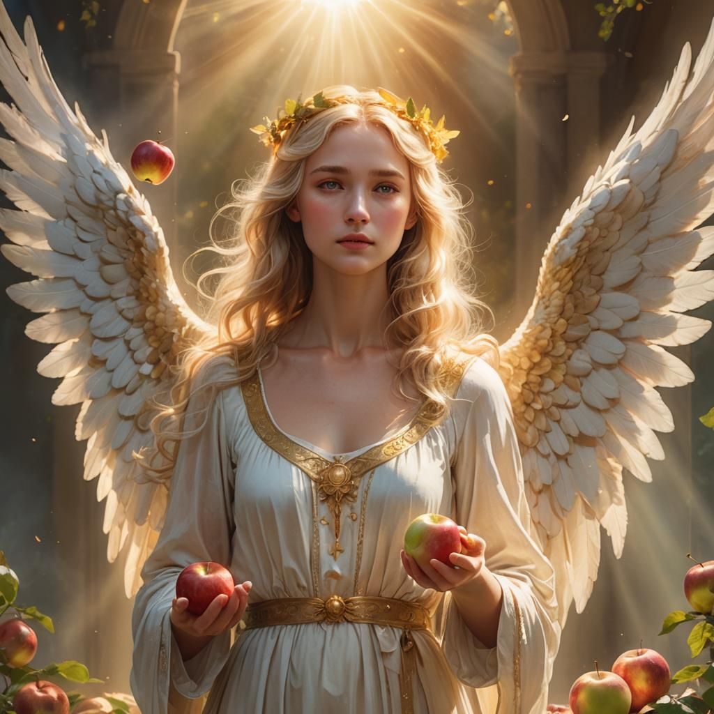 Blonde Angel Offers Apple in Holy Light