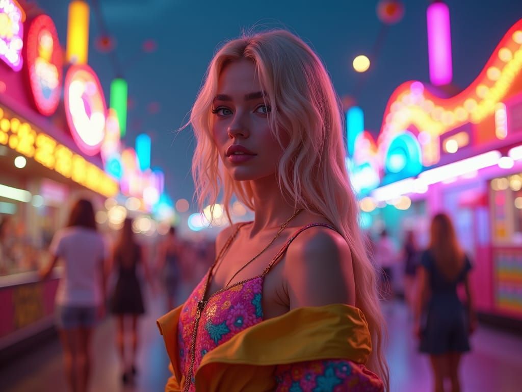 Blonde Model Posing in Neon Amusement Park