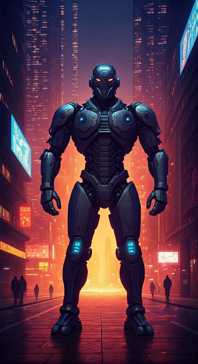 Robot in Cyberpunk Cityscape at Dusk