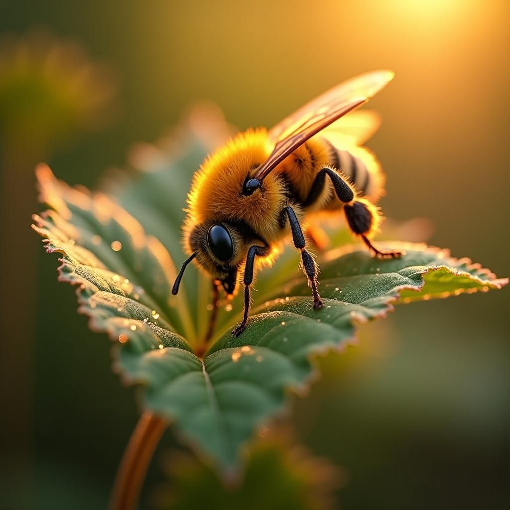 Macro Bee in Golden Light on Dewy Leaf