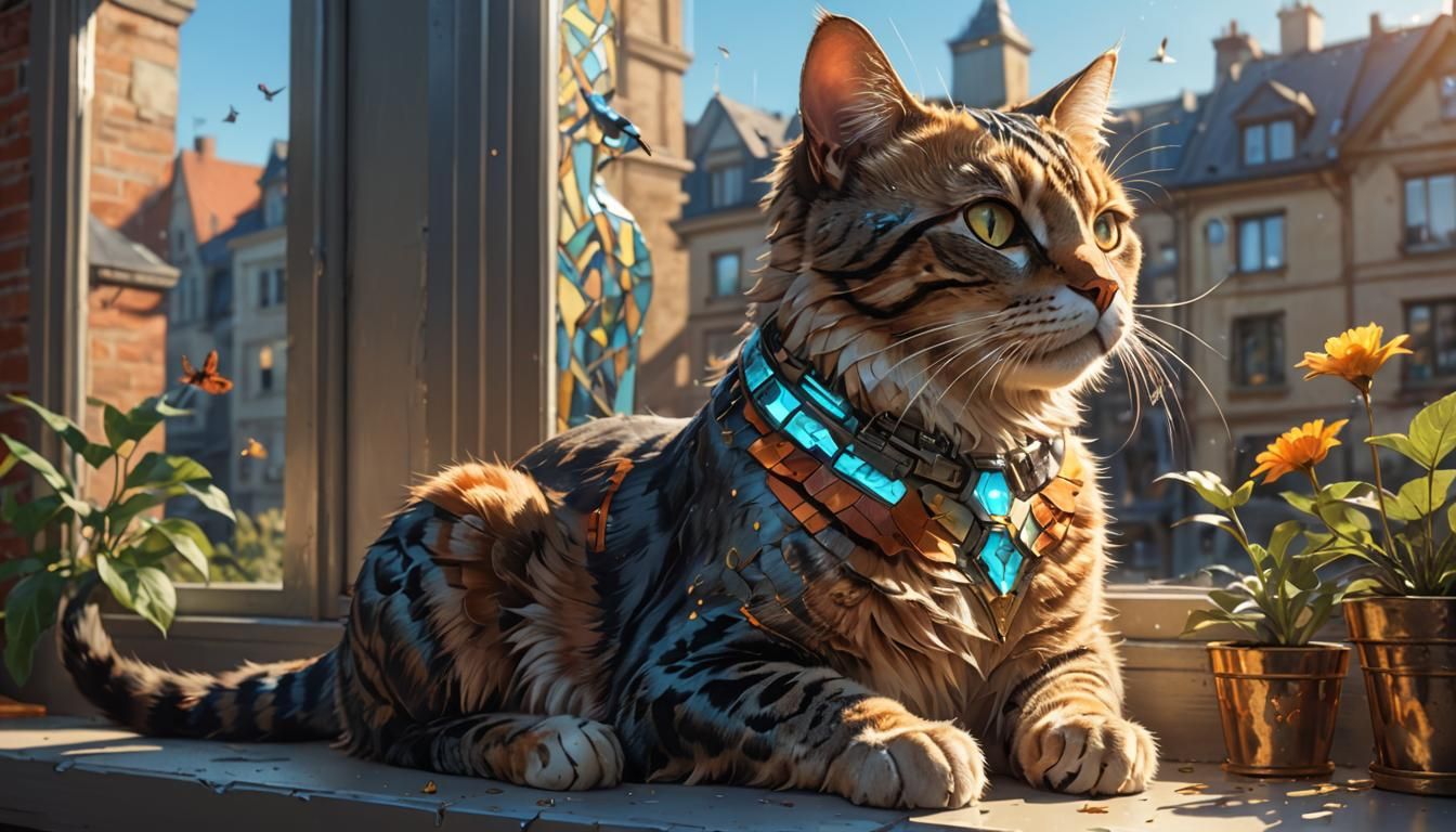 Cybernetic Cat Watching Birds: Detailed Concept Art