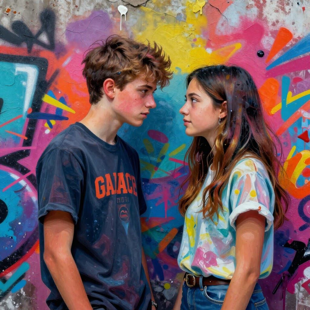 Teen Couple Gazes at Vibrant Urban Graffiti Art