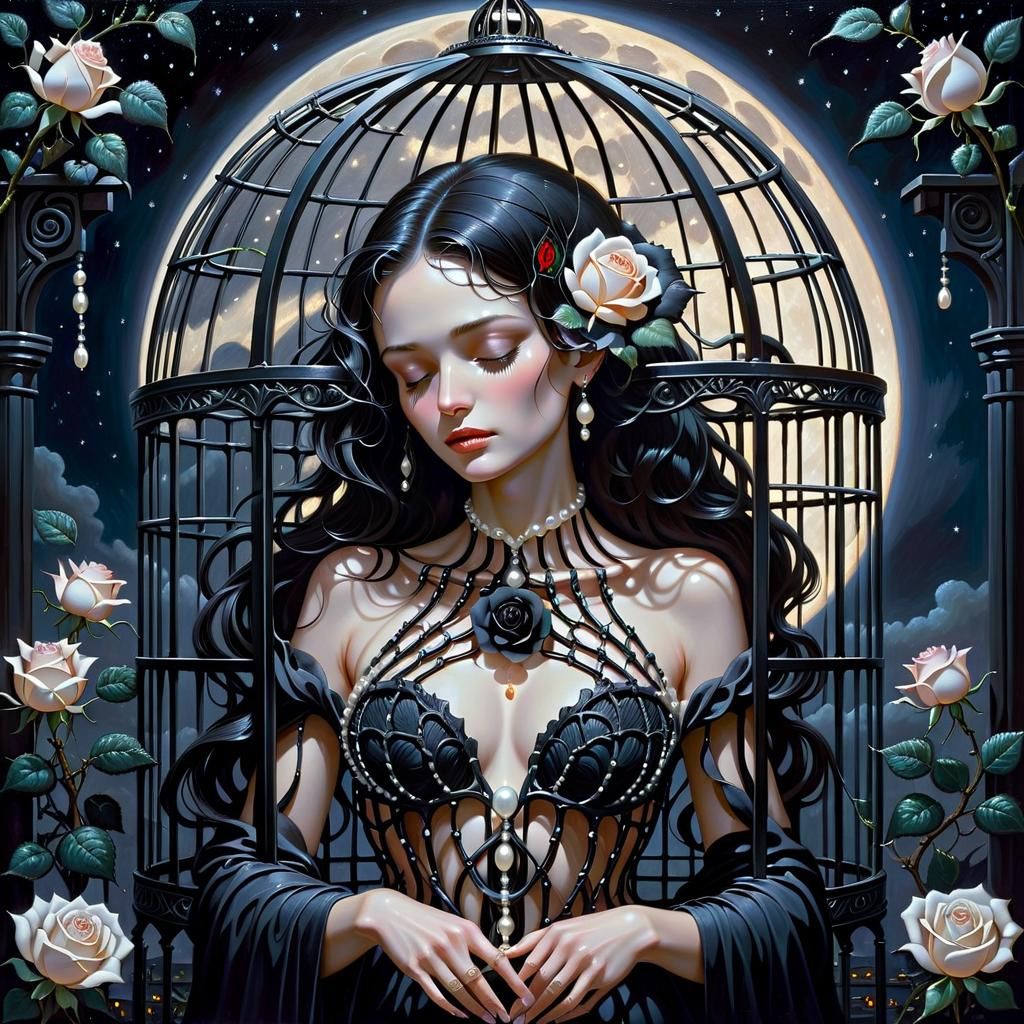 Black Rose in Cage: Ethereal Oil Painting