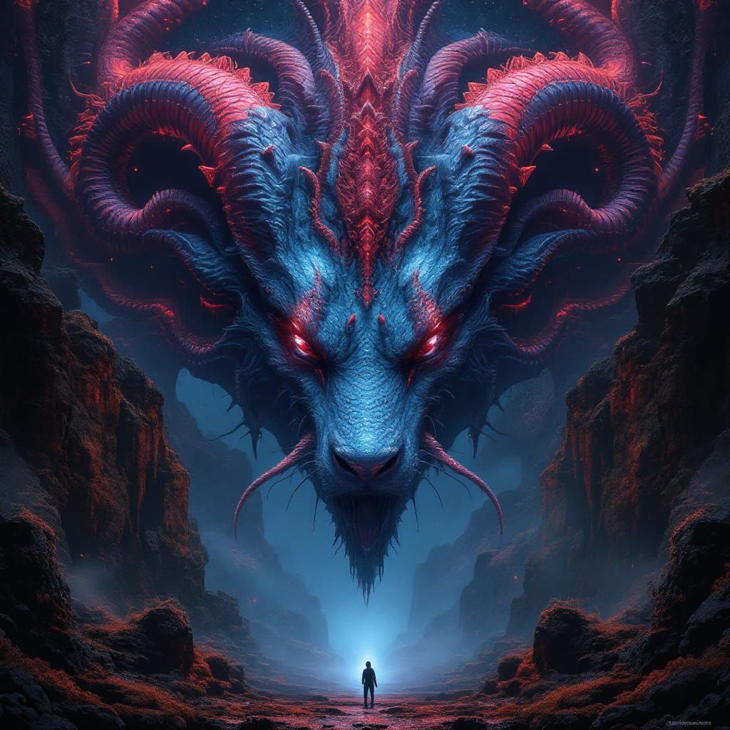 Mythical Animal Face in Dreamlike Sci-Fi Landscape