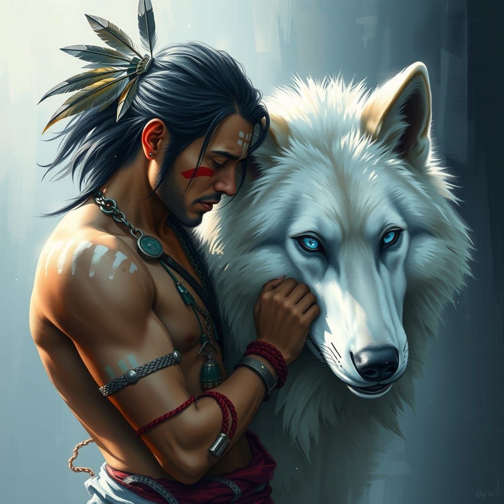 Warrior and Wolf in Mysterious, Ethereal Bond