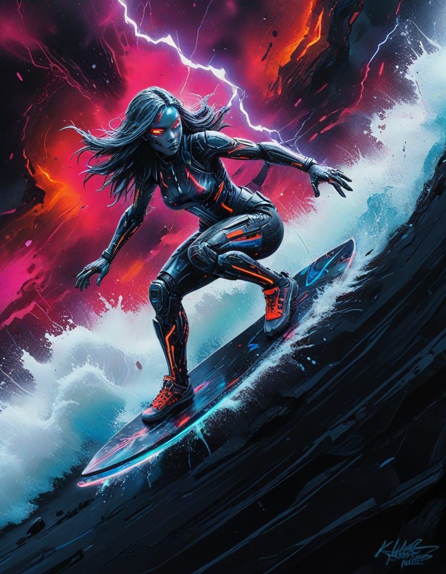 Galactic Surf Goddess in Neon Oil Gouache Style