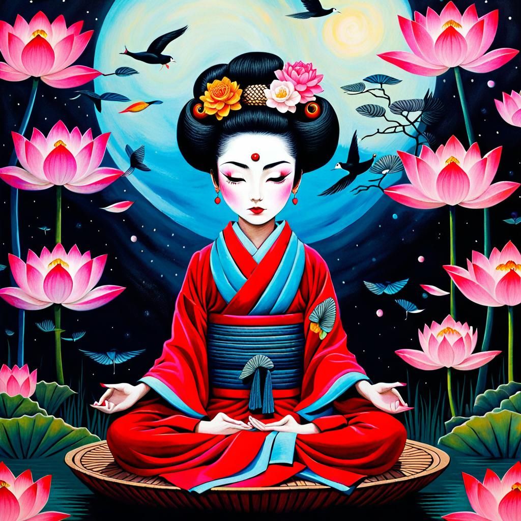Geisha in Lotus Position, Surrealist Manga Style
