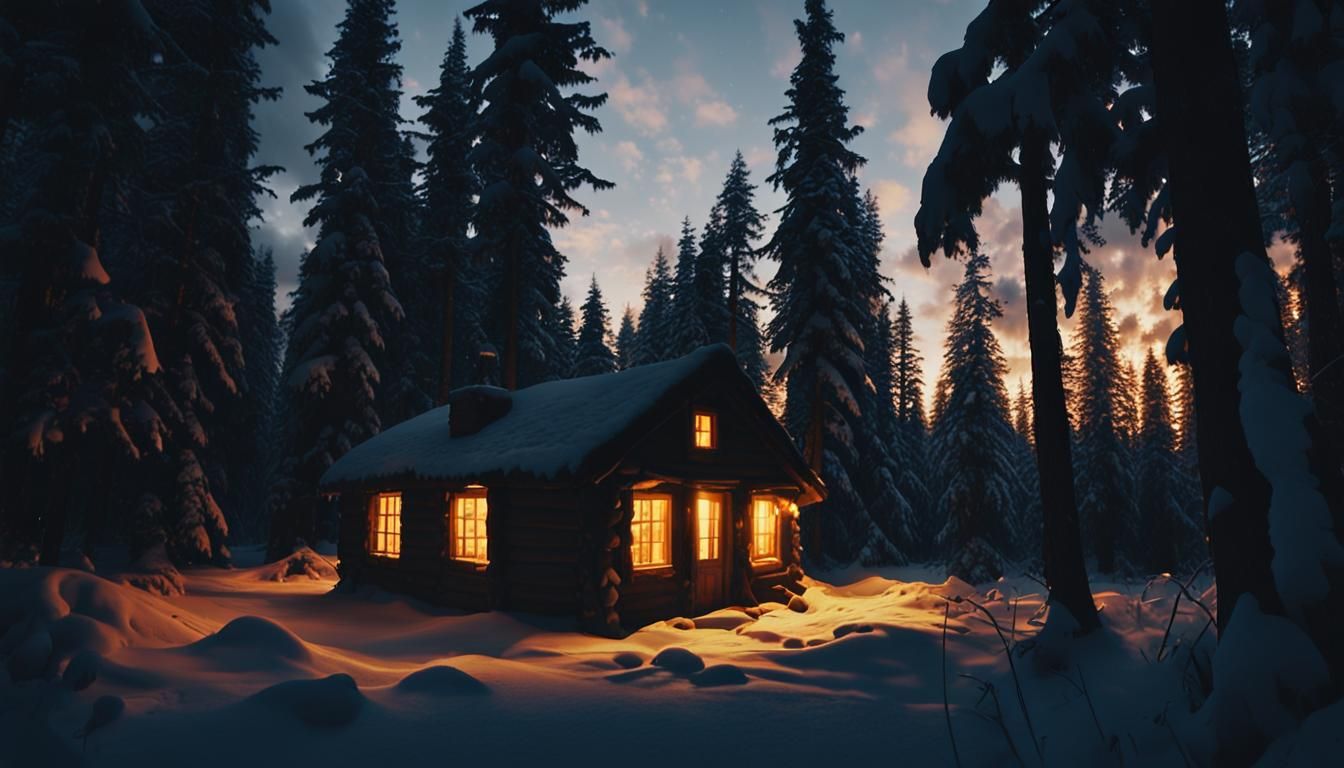 Cabin in Snowy Woods with Eerie Lighting