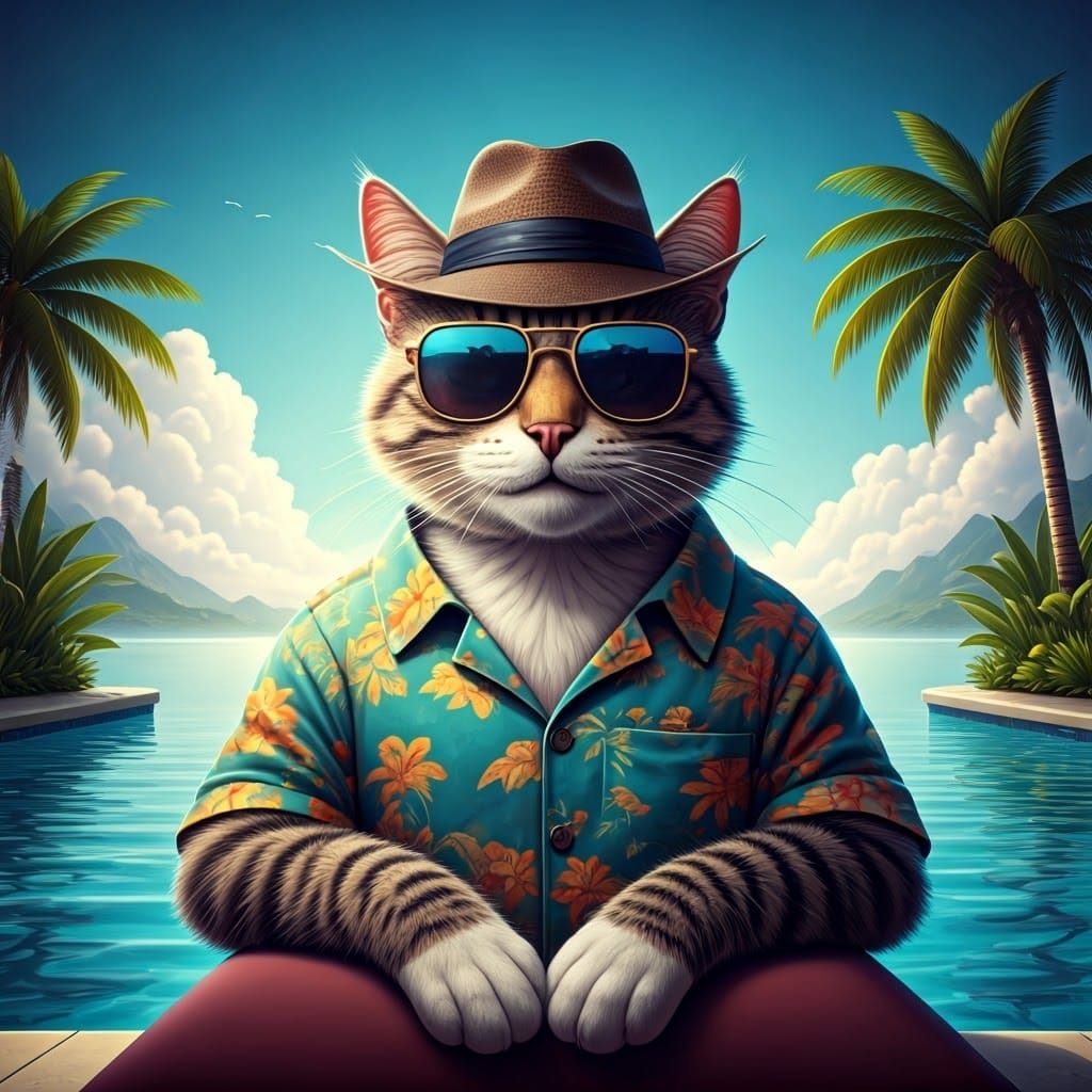 Cat in Fedora and Shades by Tropical Pool