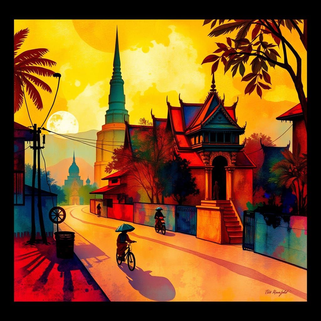 Vibrant Thai Landscape in Van Gogh Watercolor Style