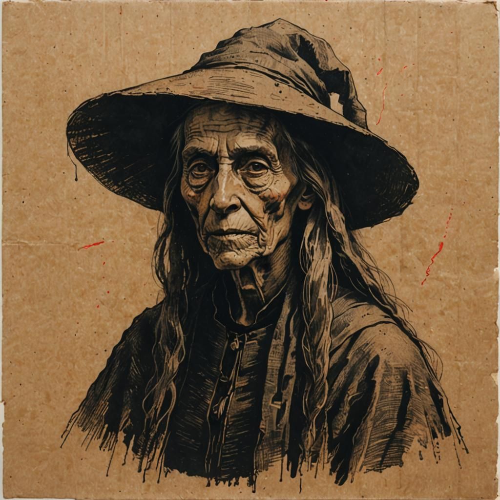 Monochromatic Red Chalk Portrait of an Old Witch