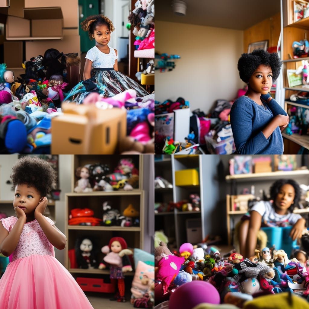 Photorealistic Teenage Girl in Chaotic Doll-Filled Apartment