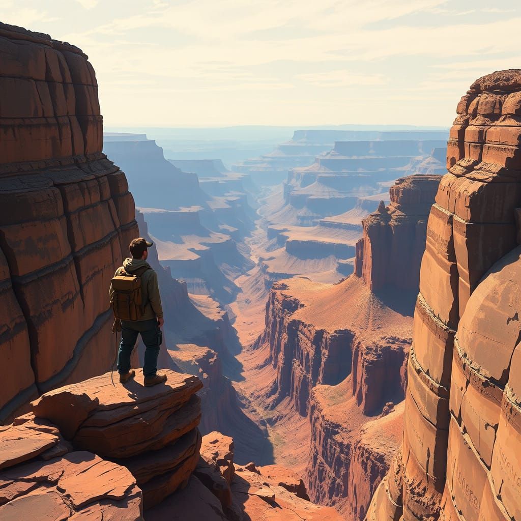 Cubist Lone Traveler Amidst Vast Canyon Landscapes