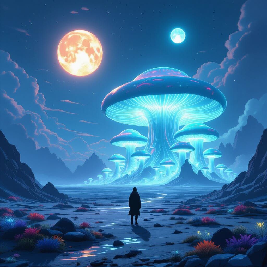 Alien Landscape with Giant Glowing Mushroom Forest