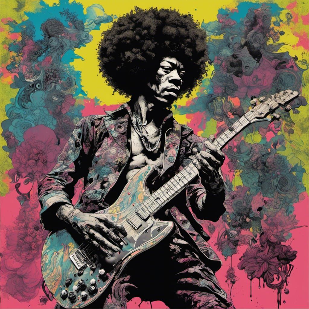 Alien Samurai Jimi Hendrix in Neon Ink Style