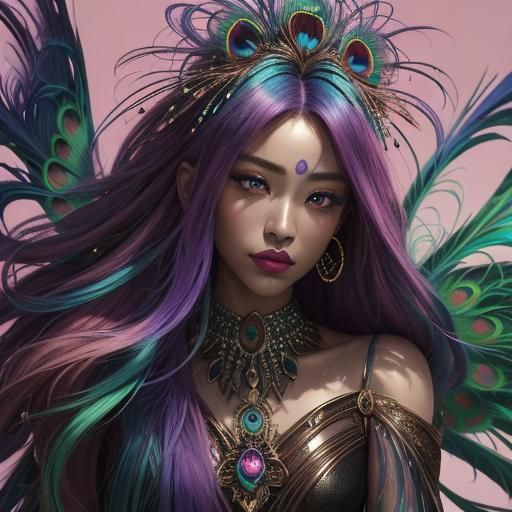 Surreal Portrait: Woman with Iridescent Skin and Feathers