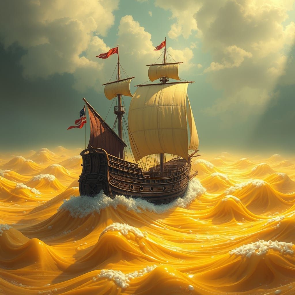 Majestic Pirate Ship Sails Across a Golden Ocean of Melted C...