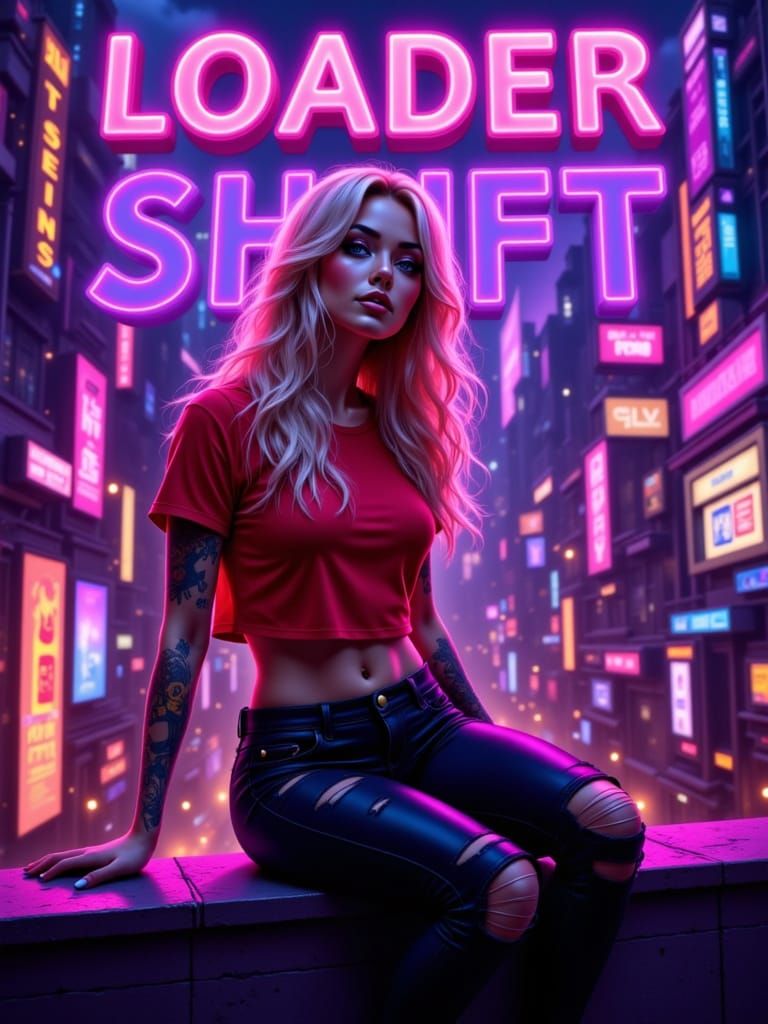 Woman on Building Ledge Over Neon City