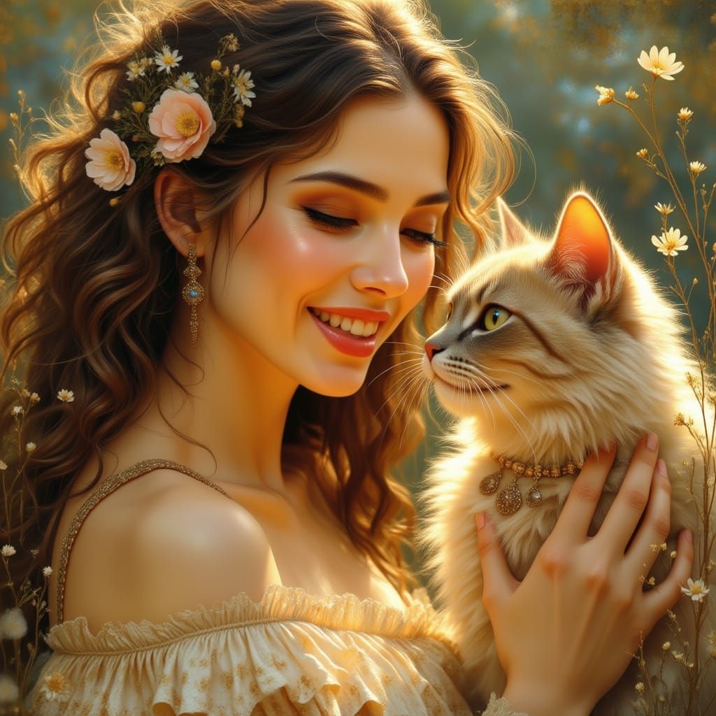 Dreamy Girl Gazing at Cat in Ethereal Light