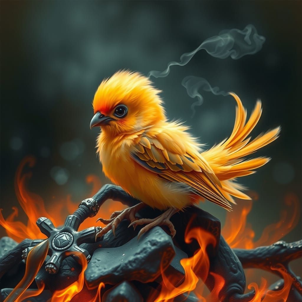 Vibrant Phoenix Perched on Smoldering Embers in a Dreamlike,...