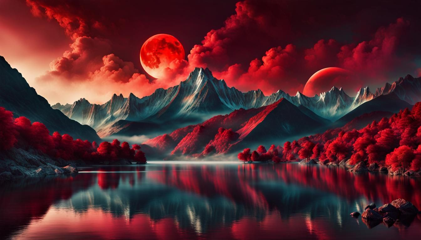 Red Moonlit Lake in Tonalist Oil Mist Art
