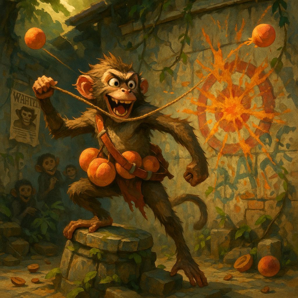 Monkey Slinging Peaches in Hilarious Rebellion