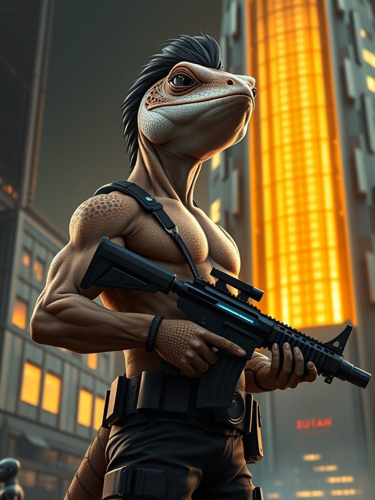 Confident Geckos Mercenary in Futuristic Cityscape