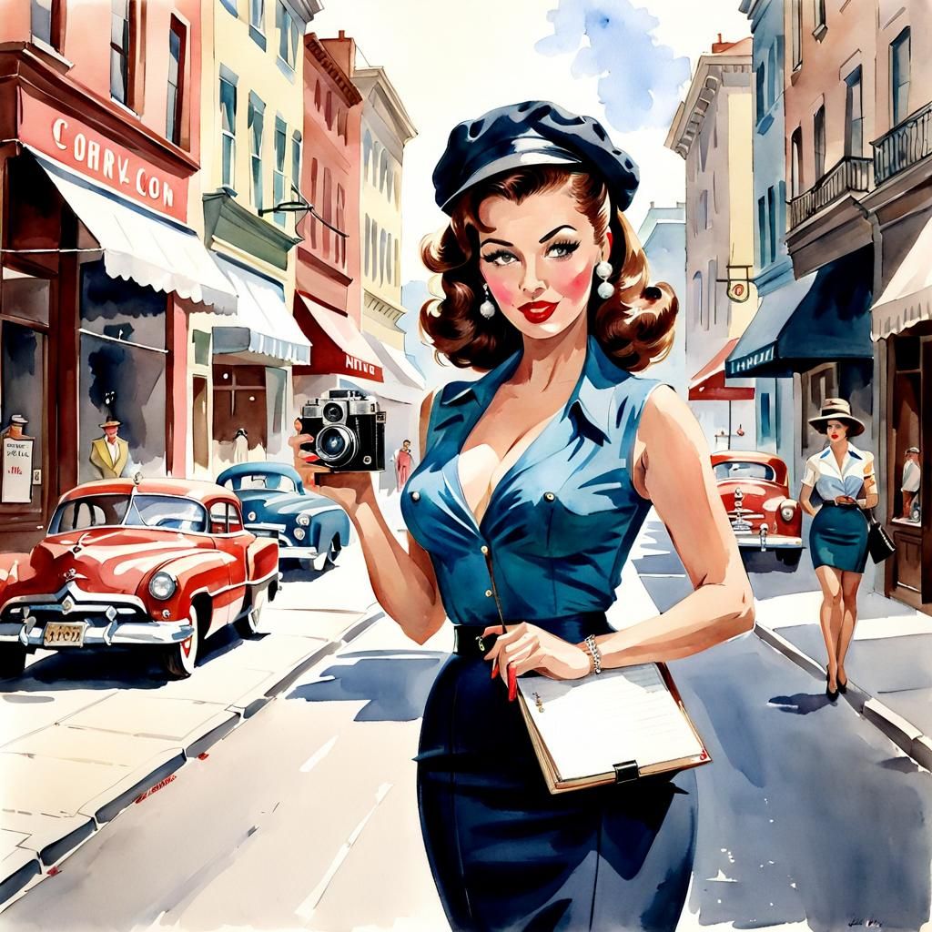 1950s Journalist Pin-Up in Watercolor Style