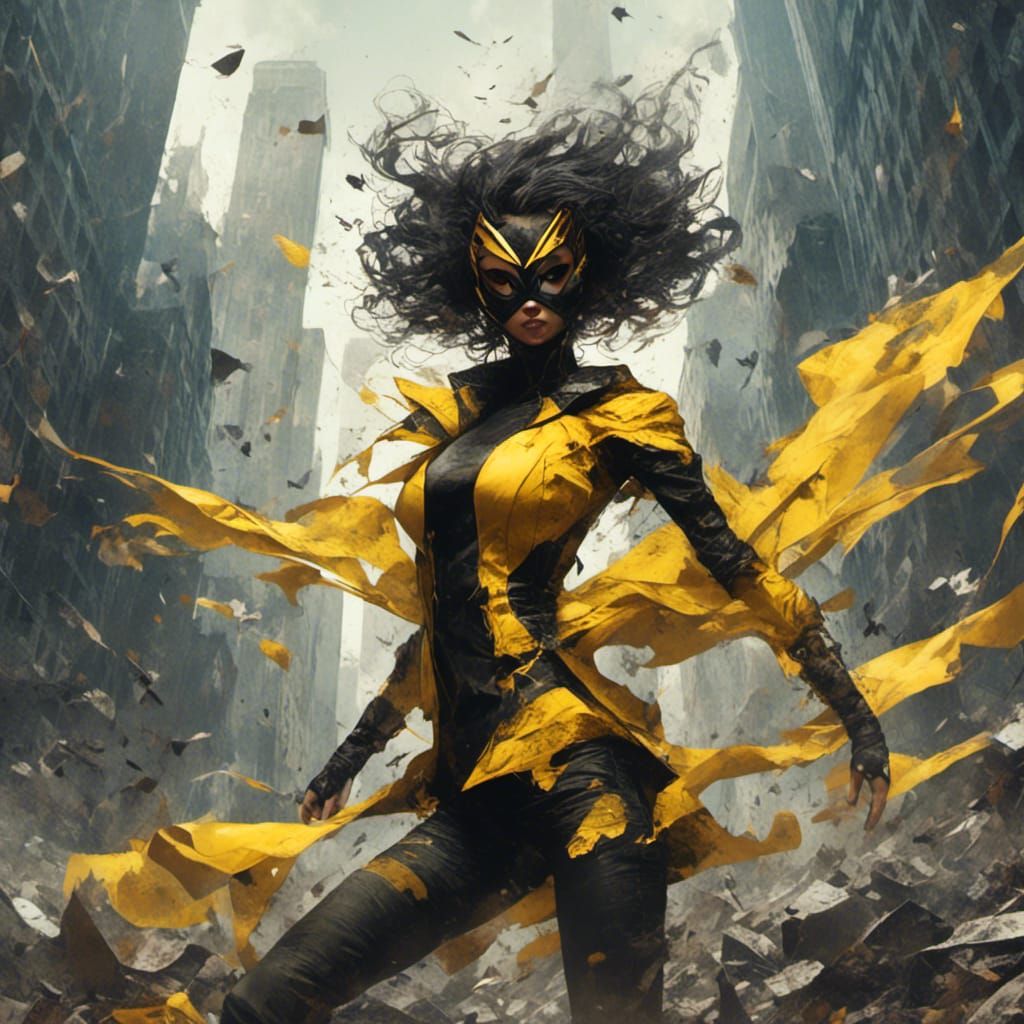 Female Superhero Landing in Destroyed City, Dark Fantasy
