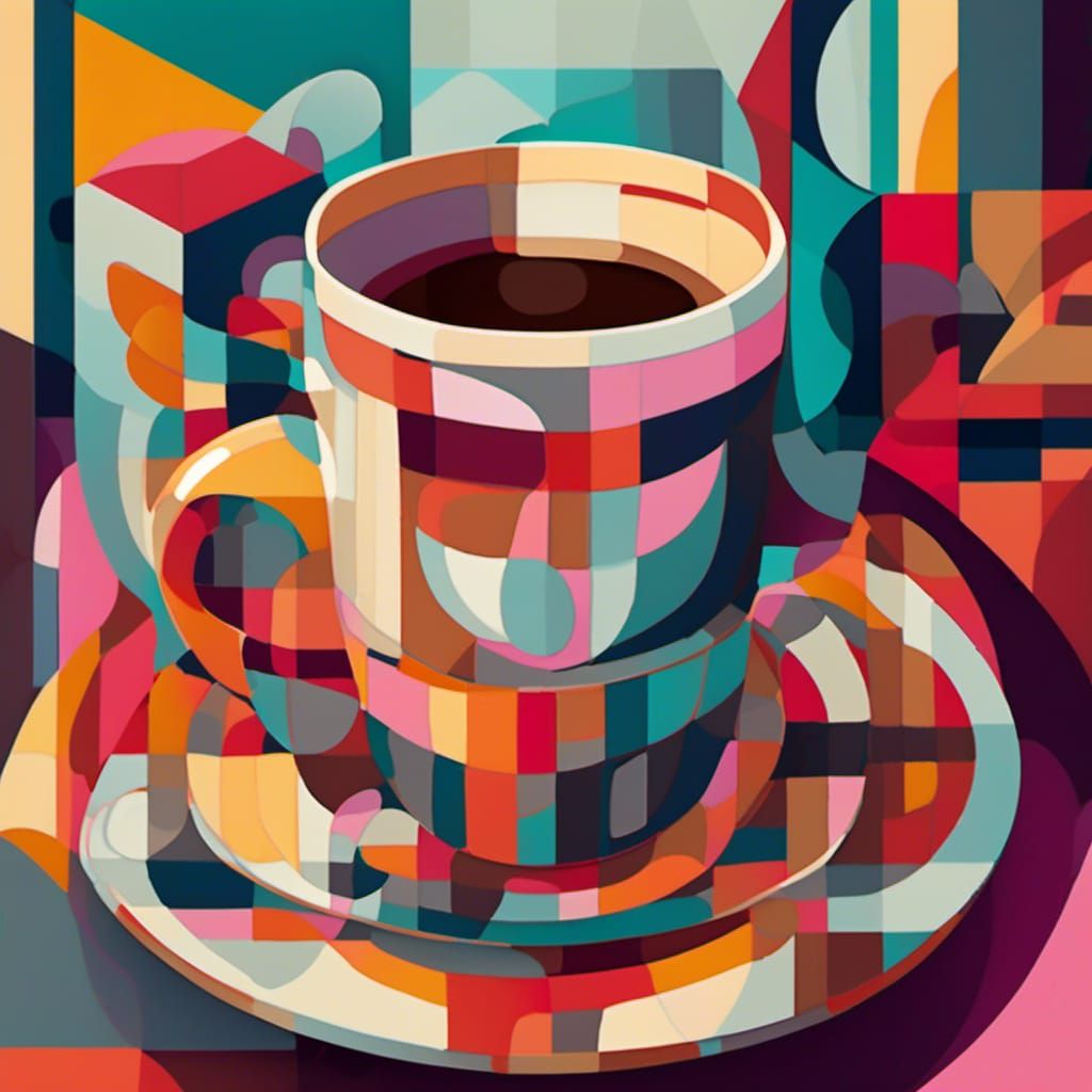 Cubist Coffee Cup with Beans in Geometric Style