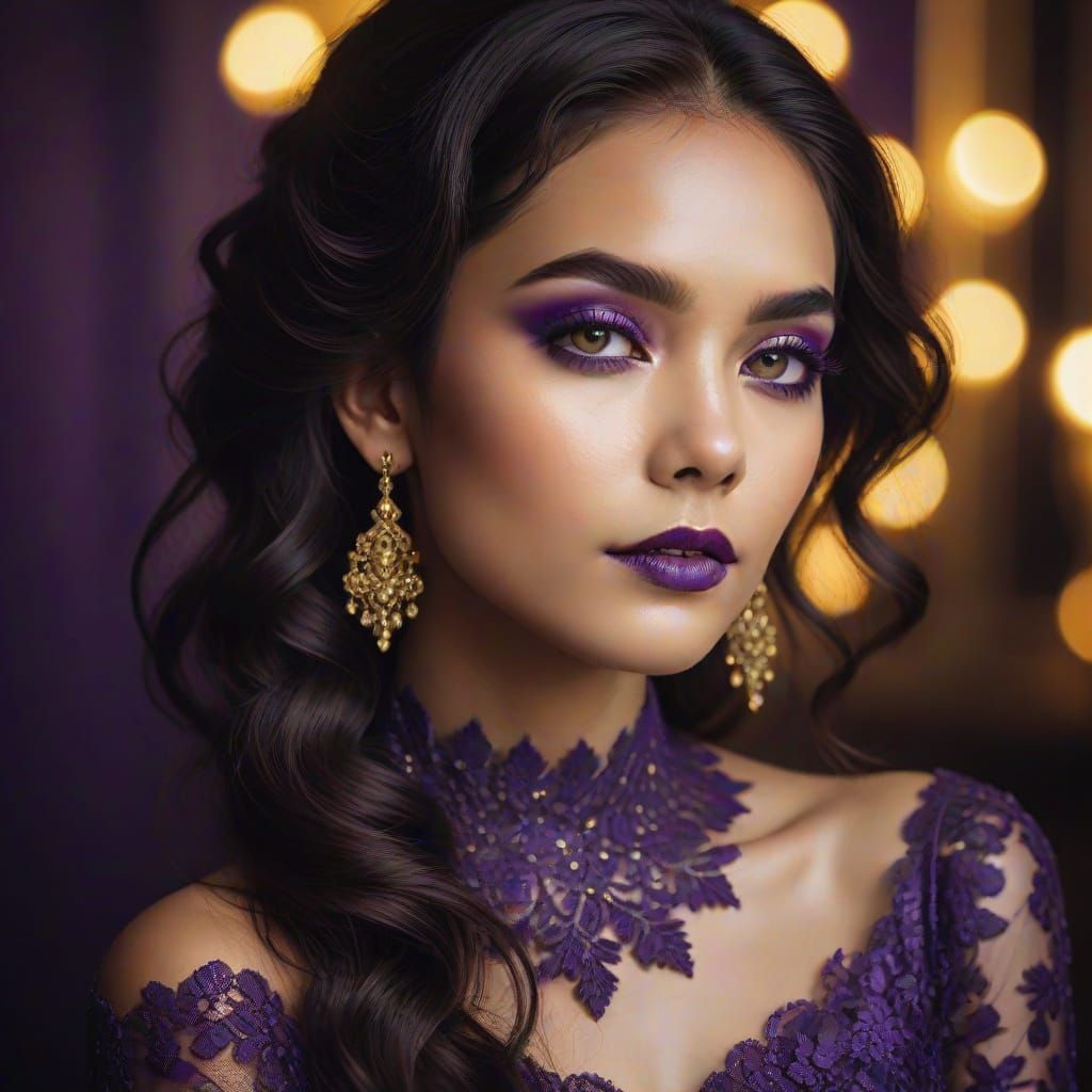 Glamorous Portrait with Purple Makeup and Lace