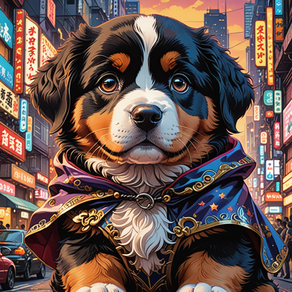 Adorable Anime Hero Hound in Japanese Metropolis