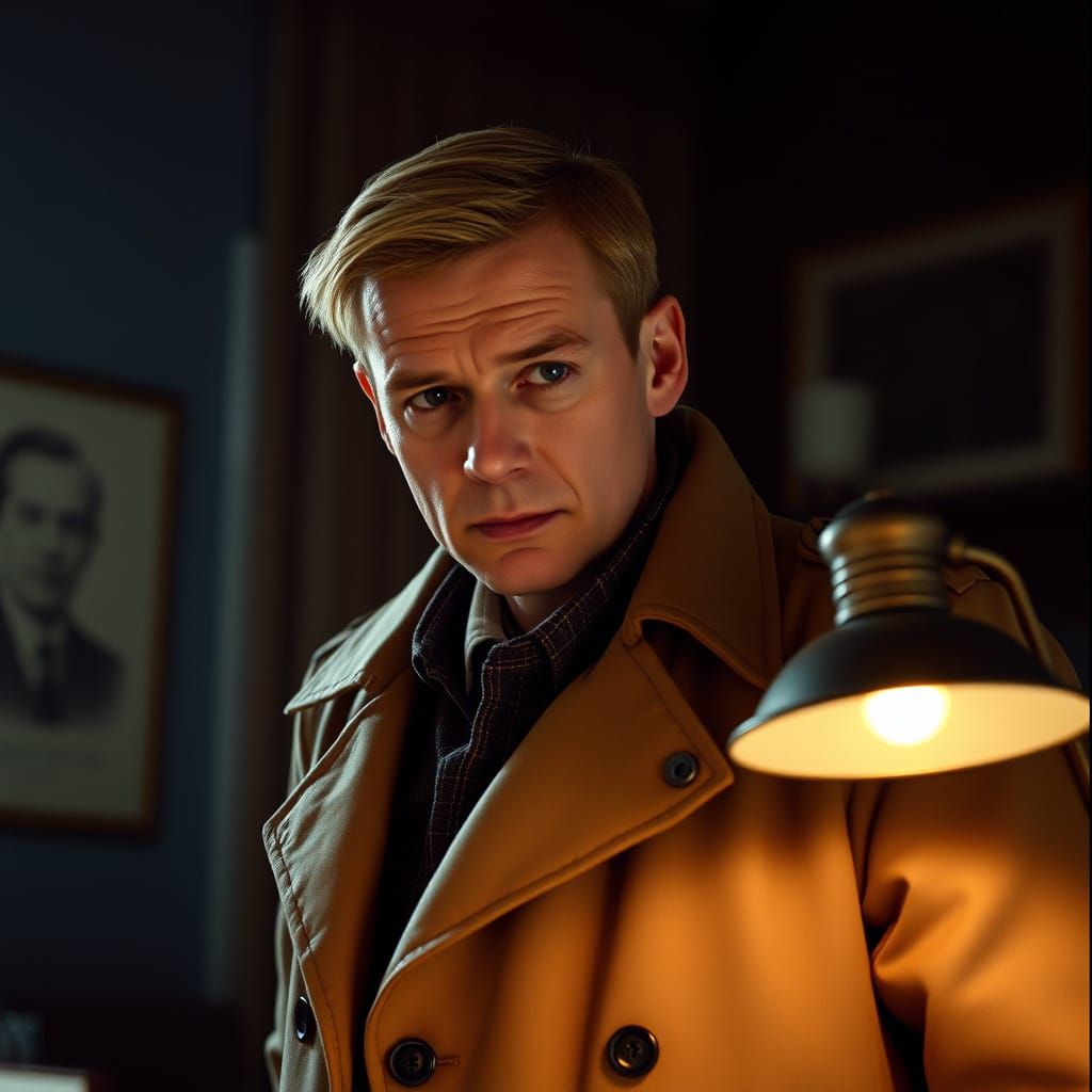 Tall, Thin Detective in Film Noir Style