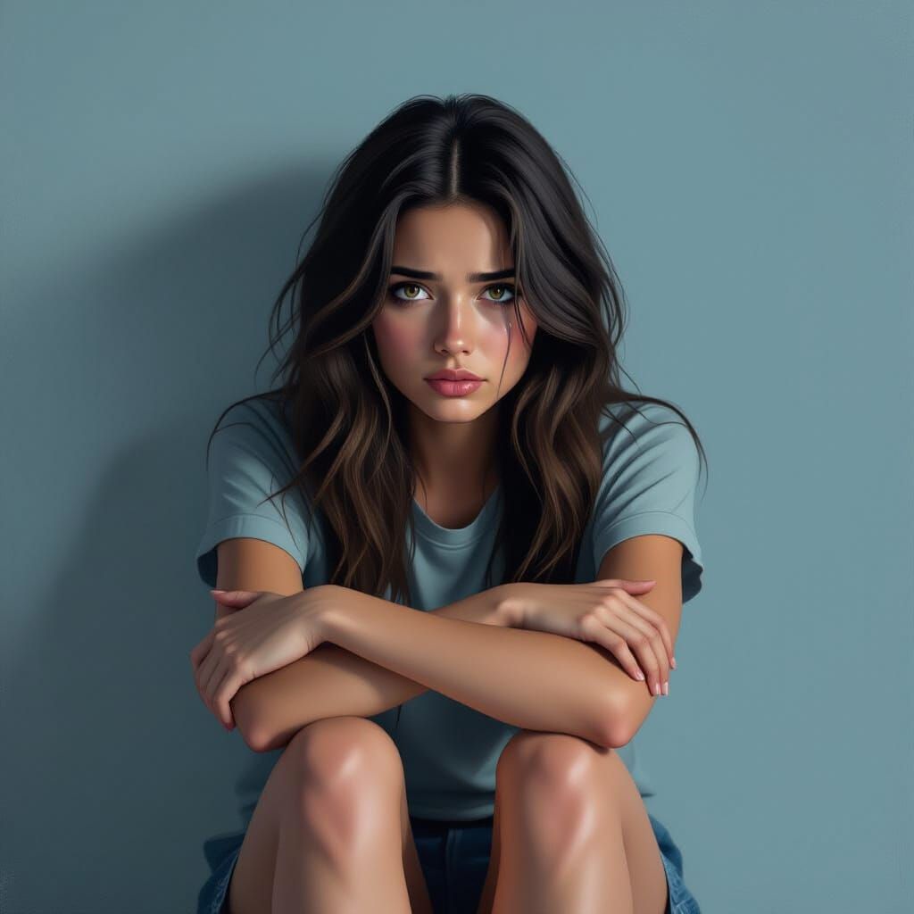 Sad Young Woman in Soft Light: Hyper-Realistic Portrait