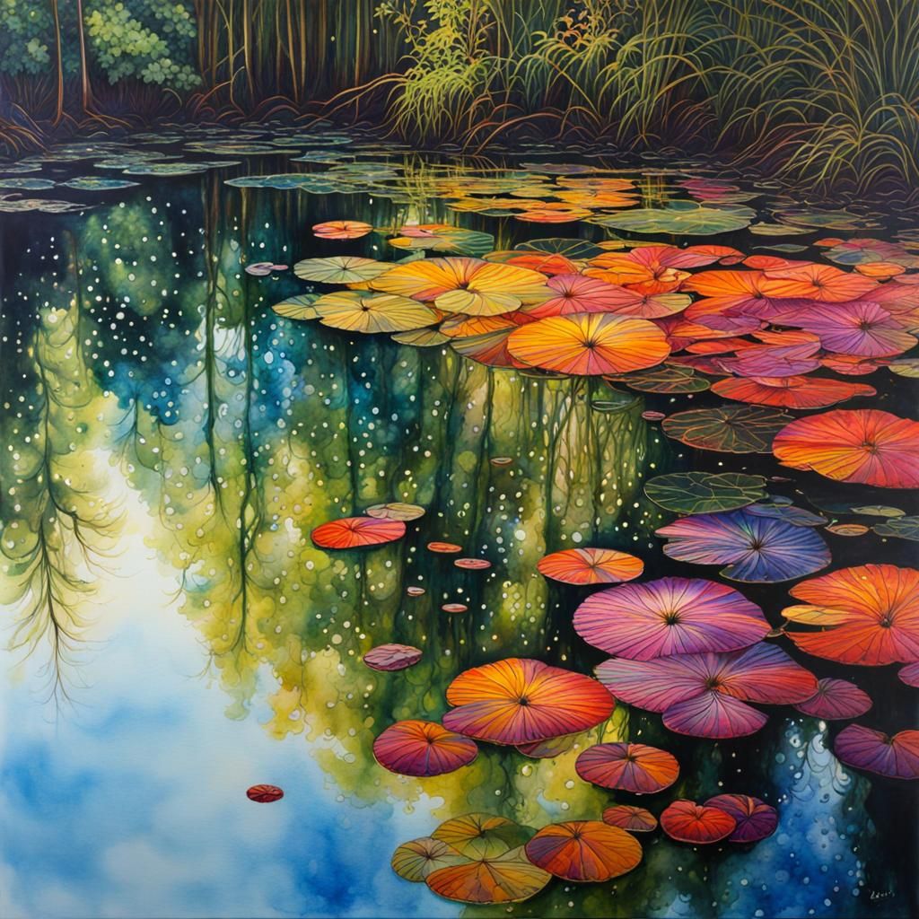 Detailed Pond Reflection with Ink and Watercolor Effects