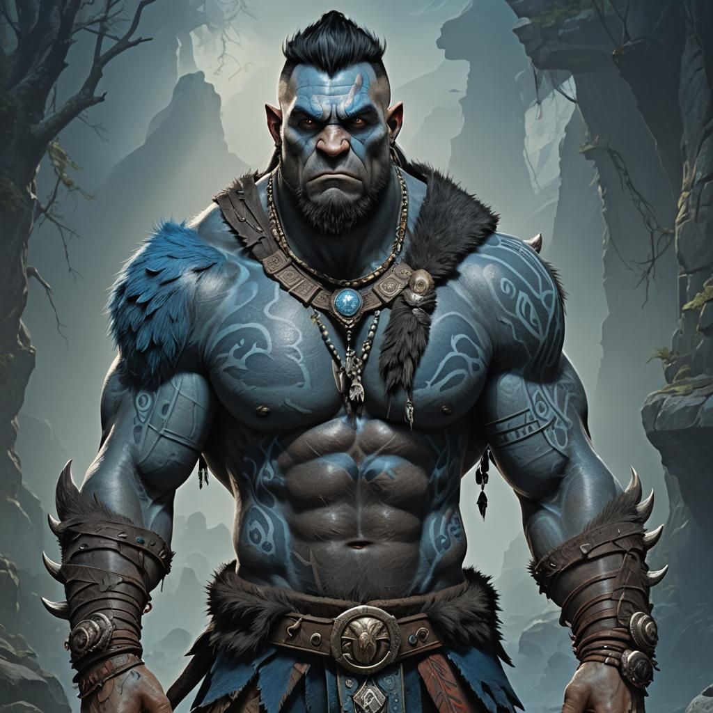 Half-Orc Barbarian with Bear Tattoo, Matte Painting