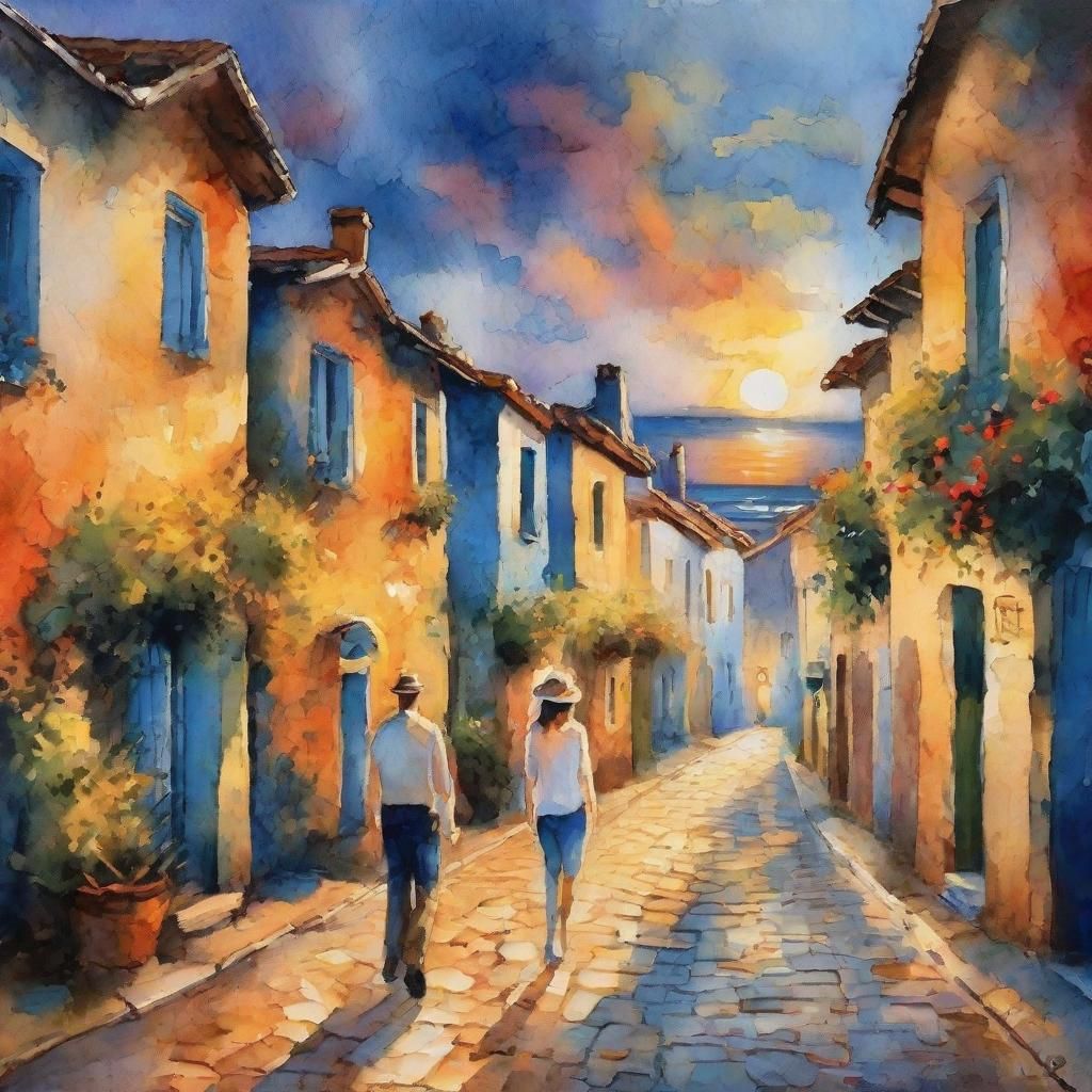 Coastal Village Twilight: Mixed Media Impressionist Painting