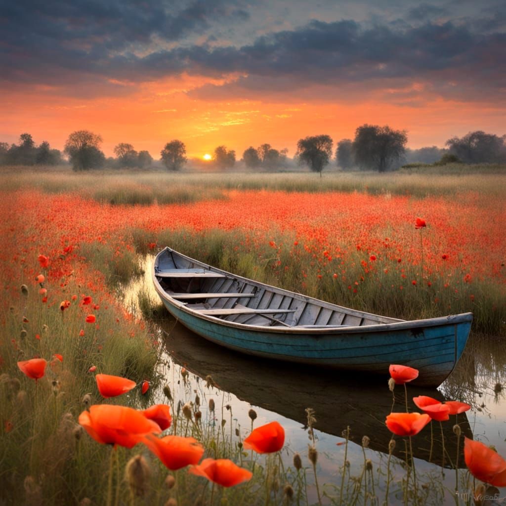 Vibrant Poppy Field Scene with a Sunken Rowboat