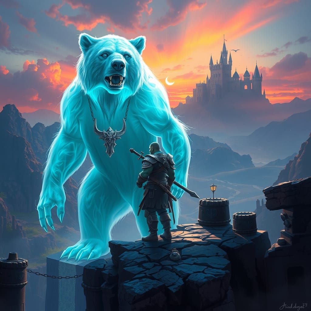 Orc Warrior and Spectral Bear Spirit in Fantasy Landscape