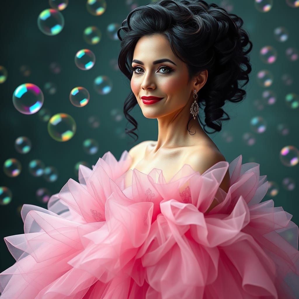 Ethereal Mistress in Tulle Gown Amidst Whimsical Bubbles